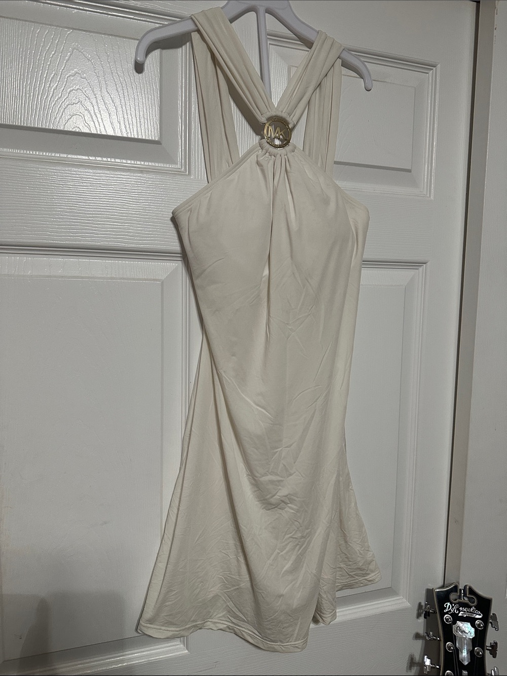 Michael Kors Cream Halter Mini Dress with Gold Logo Accent and built in bralette